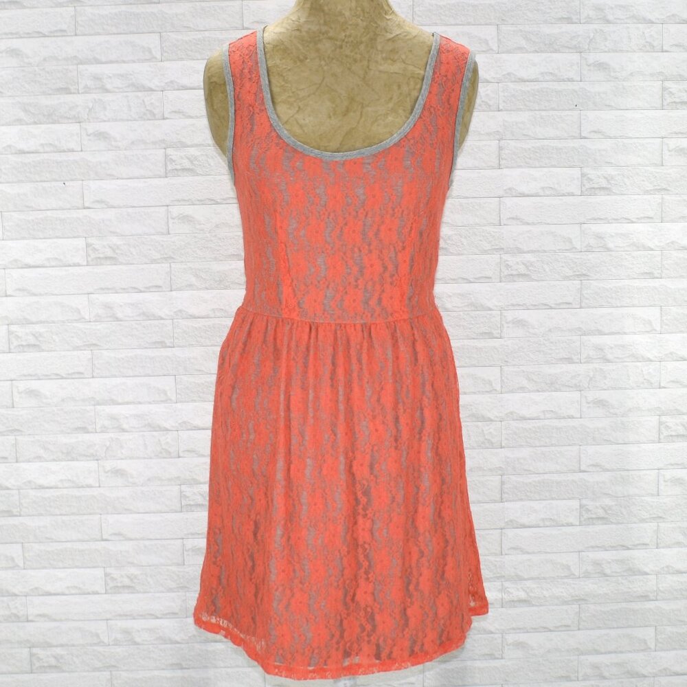 BEBOP Dress Summer Sundress Floral Lace Overlay Stretch Coral Orange Grey Medium
